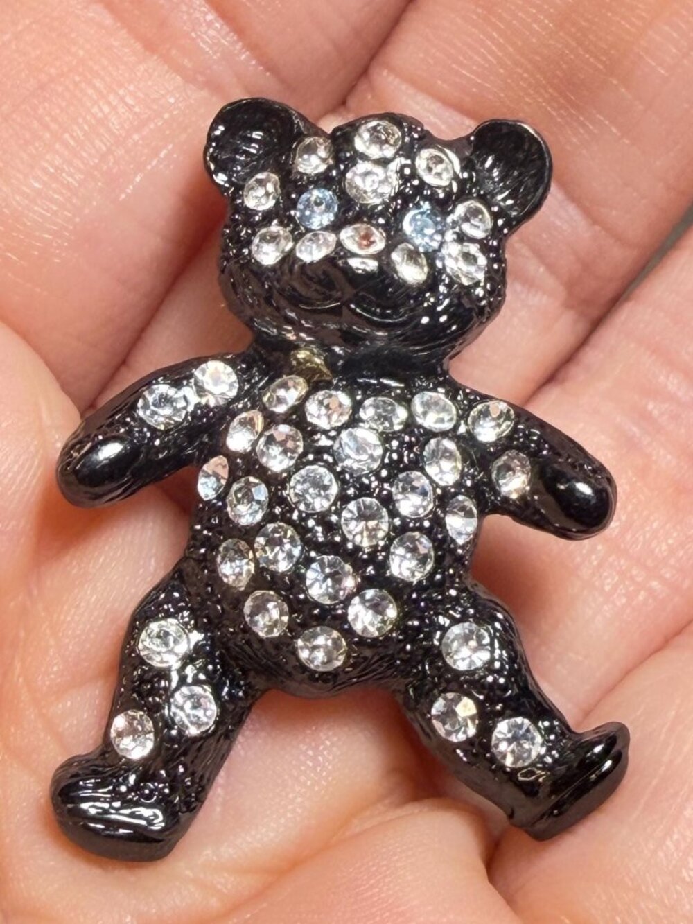 Vintage Black Rhinestone Teddy Bear Brooch Sparkly Bear Pin 1.5"